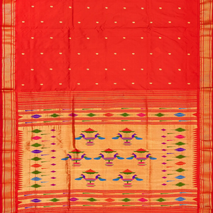Red Handloom Paithani Silk Saree With Zari Buttas-Red