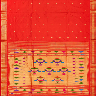 Red Handloom Paithani Silk Saree With Zari Buttas-Red