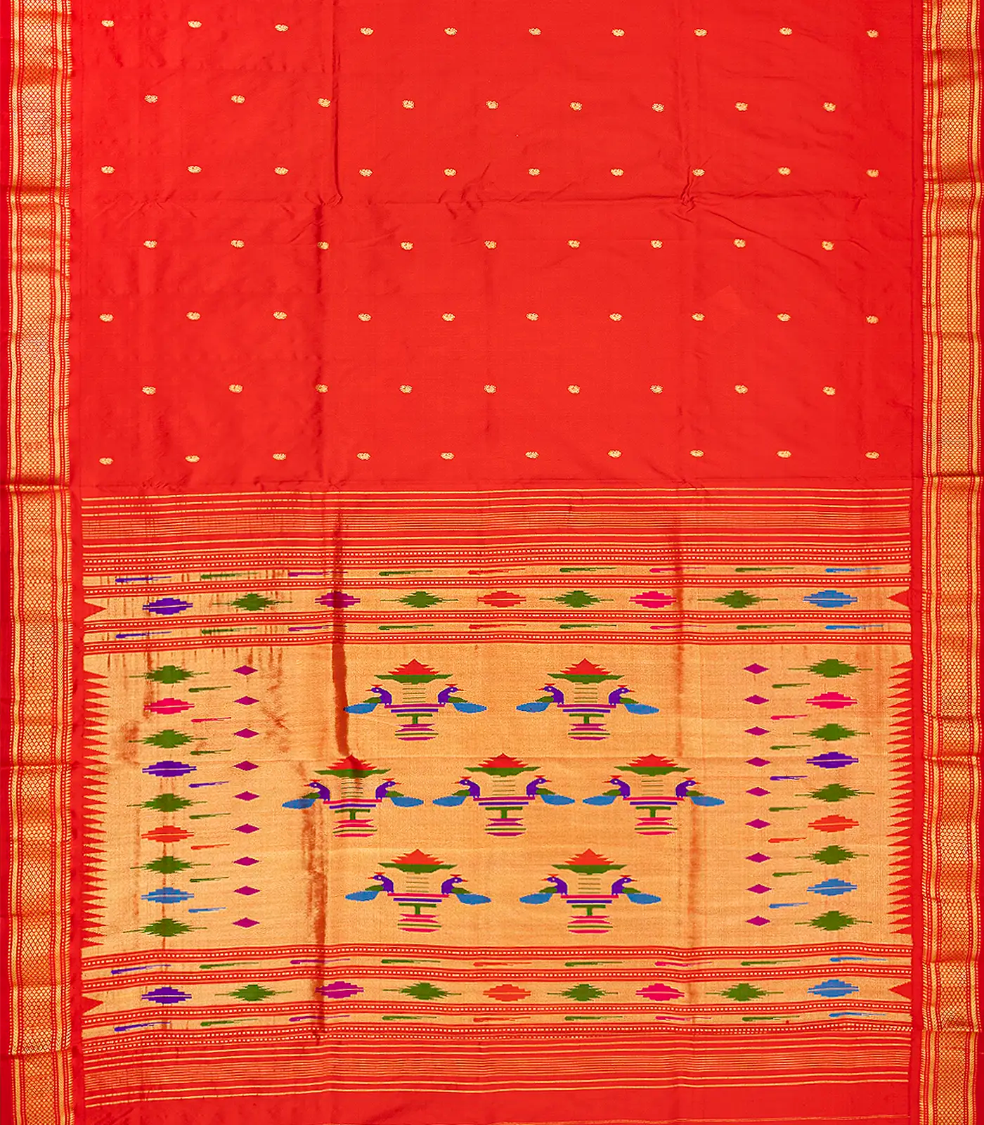Red Handloom Paithani Silk Saree With Zari Buttas-Red