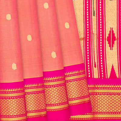 Peach Handloom Paithani Silk Saree With Coin Zari Buttas-Peach