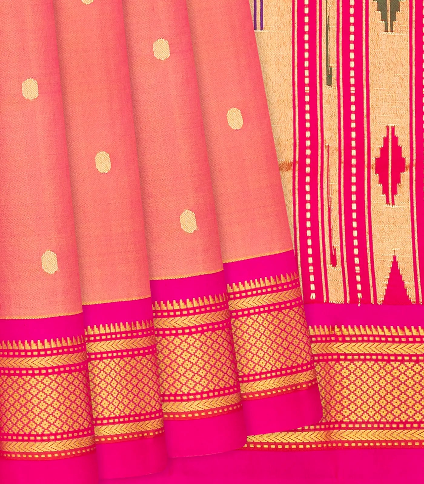 Peach Handloom Paithani Silk Saree With Coin Zari Buttas-Peach