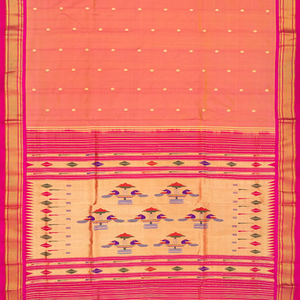 Peach Handloom Paithani Silk Saree With Coin Zari Buttas-Peach