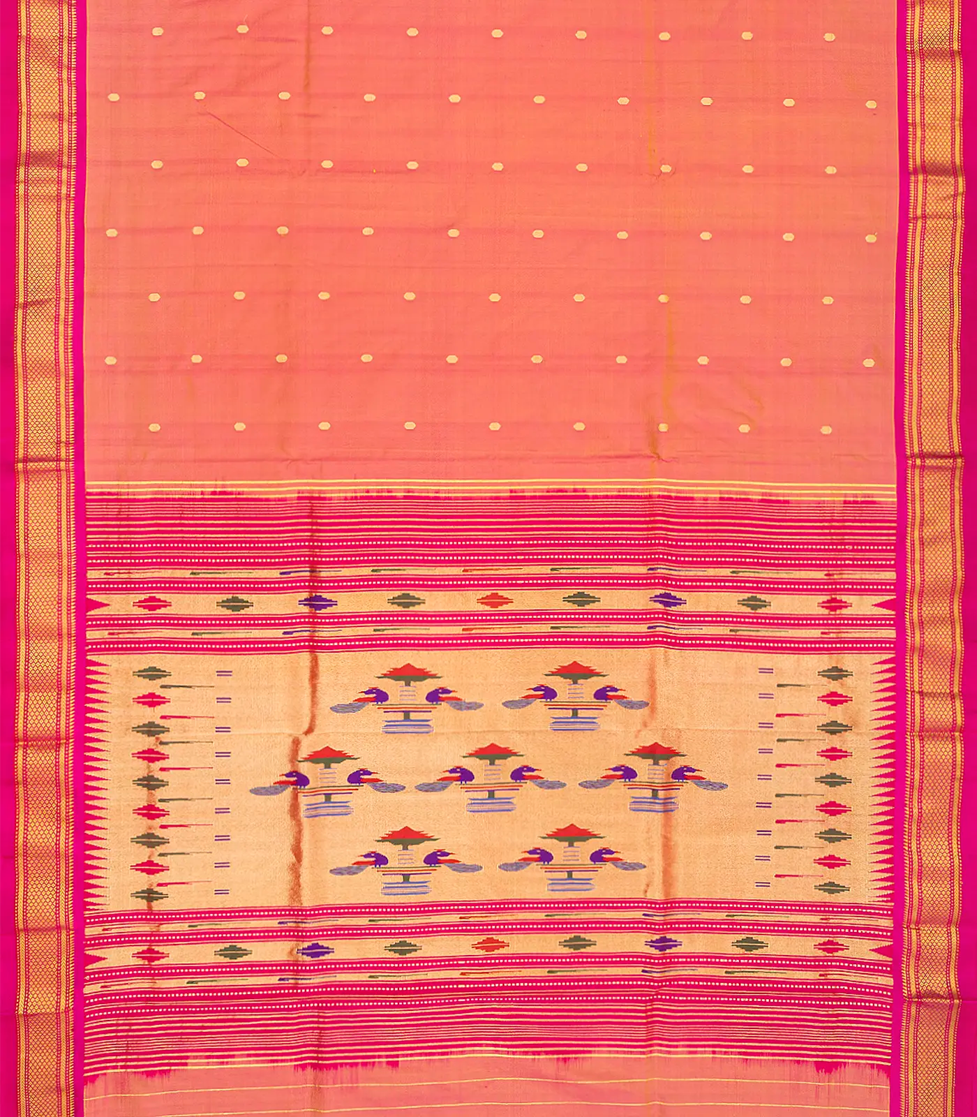 Peach Handloom Paithani Silk Saree With Coin Zari Buttas-Peach