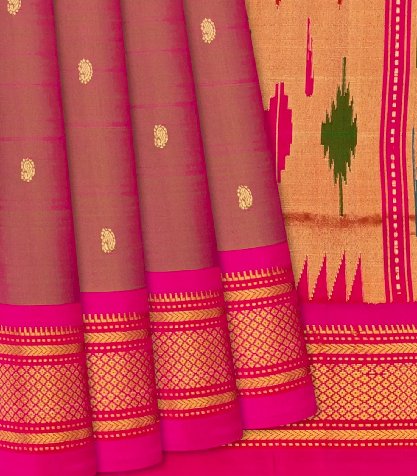 Brown Handloom Paithani Silk Saree With Mango Buttas-Brown