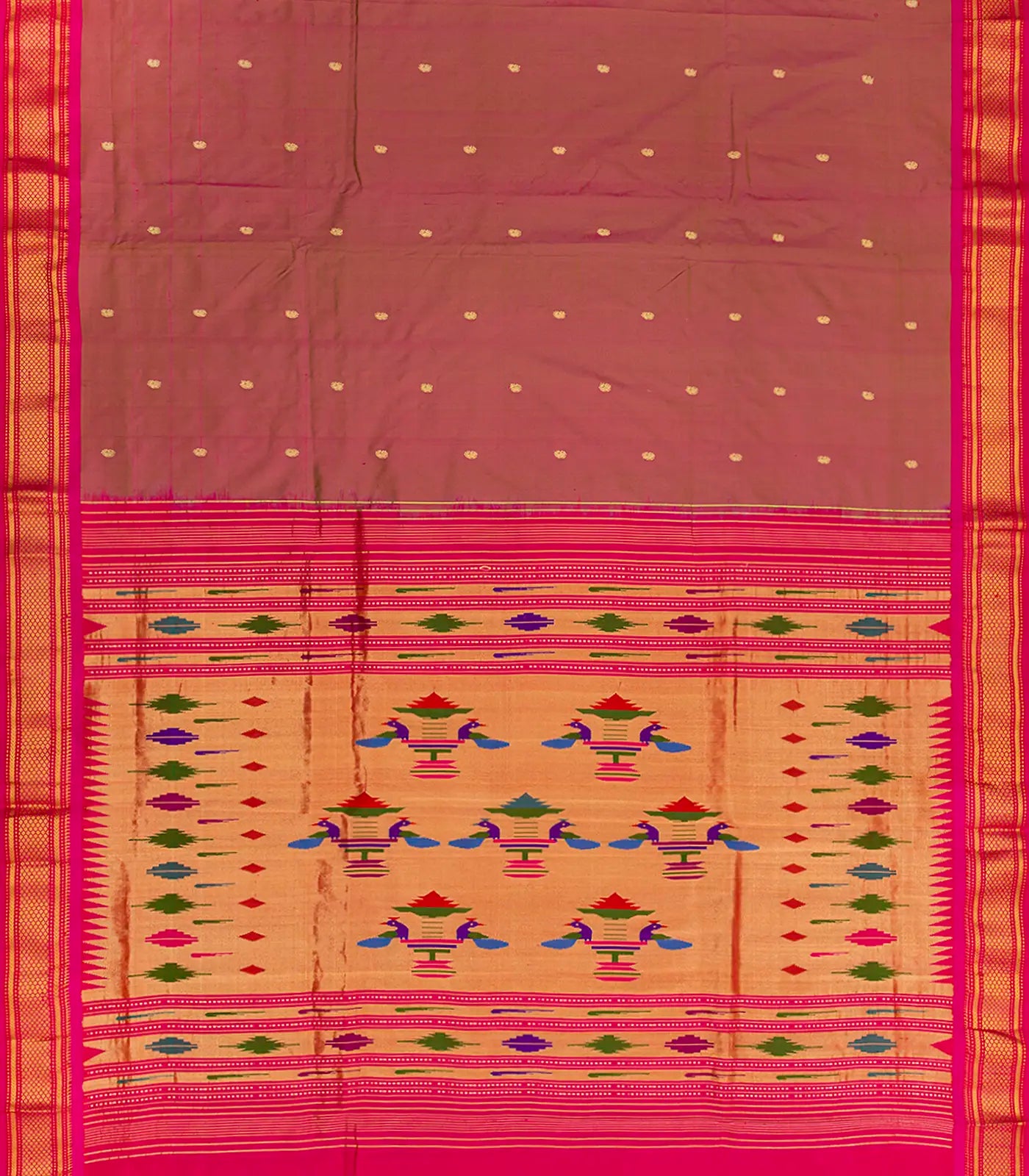 Brown Handloom Paithani Silk Saree With Mango Buttas-Brown