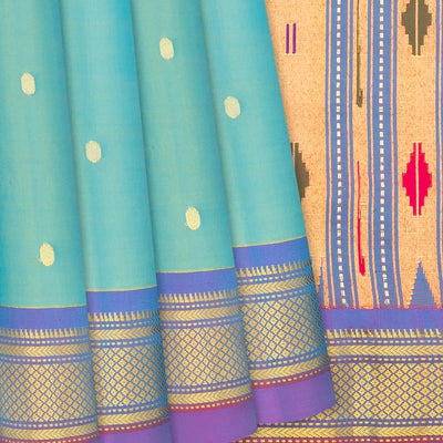 Light Blue Handloom Paithani Silk Saree With Coin Buttas-Light Blue