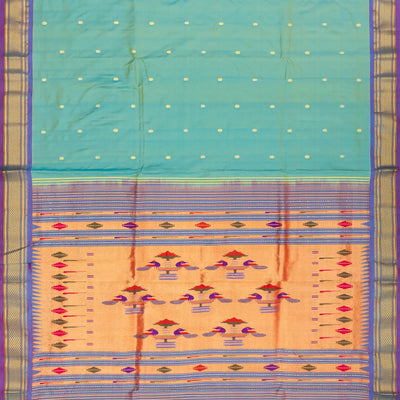Light Blue Handloom Paithani Silk Saree With Coin Buttas-Light Blue