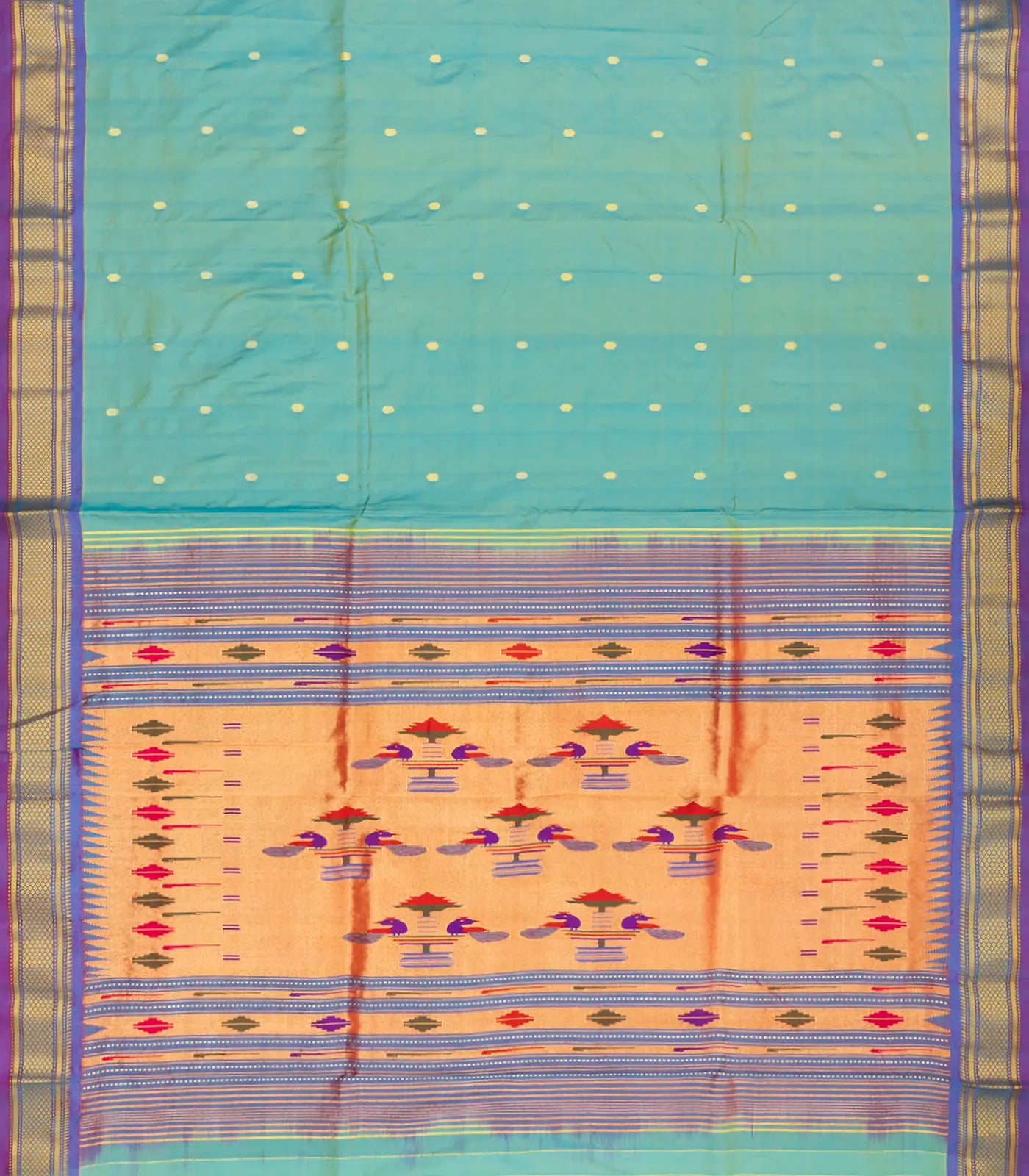 Light Blue Handloom Paithani Silk Saree With Coin Buttas-Light Blue