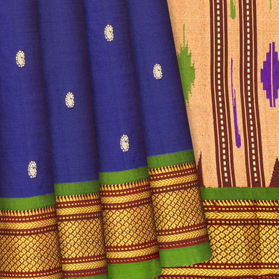 Dark Blue Handloom Paithani Silk Saree With Mango Buttas-Dark Blue