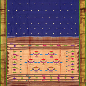 Dark Blue Handloom Paithani Silk Saree With Mango Buttas-Dark Blue