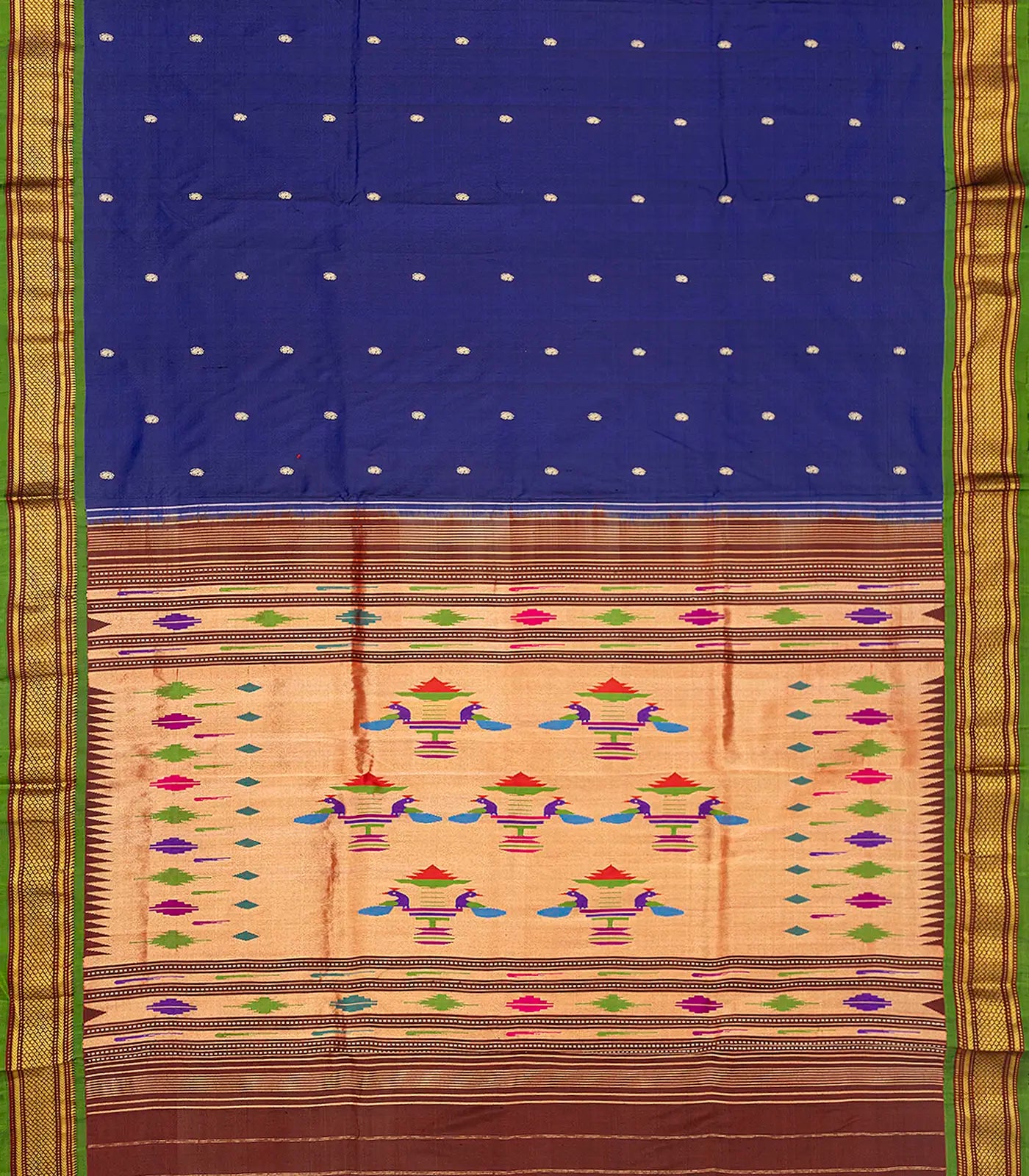 Dark Blue Handloom Paithani Silk Saree With Mango Buttas-Dark Blue