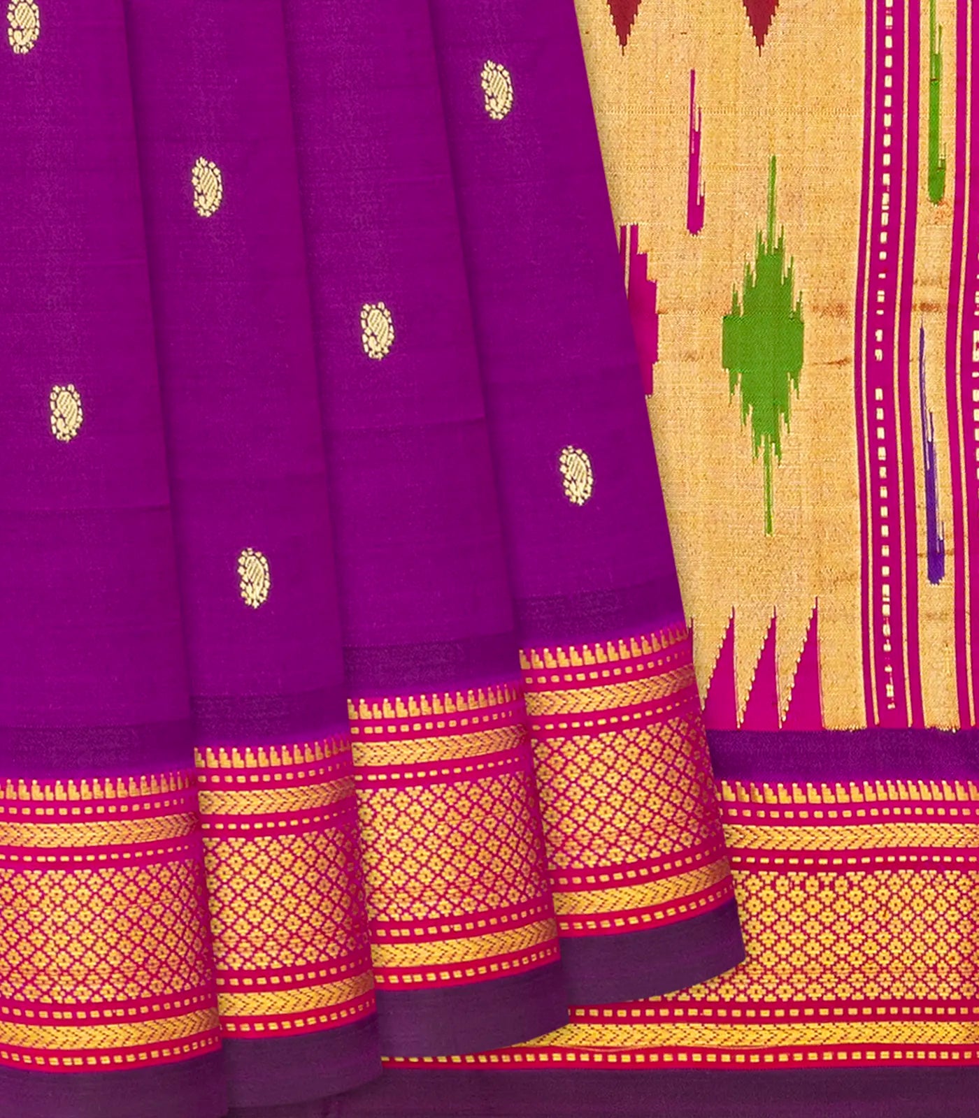 Magenta Handloom Paithani Silk Saree With Mango Buttas-Magenta
