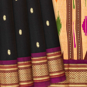 Black Handloom Paithani Silk Saree With Mango Buttas-Black