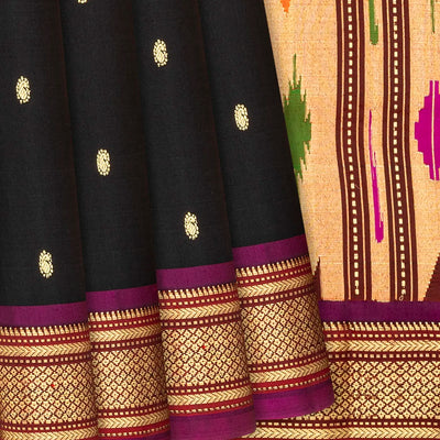 Black Handloom Paithani Silk Saree With Mango Buttas-Black