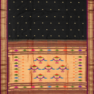 Black Handloom Paithani Silk Saree With Mango Buttas-Black