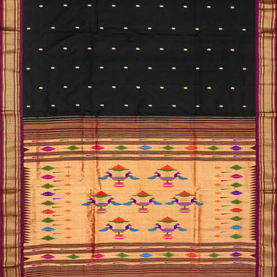 Black Handloom Paithani Silk Saree With Mango Buttas-Black