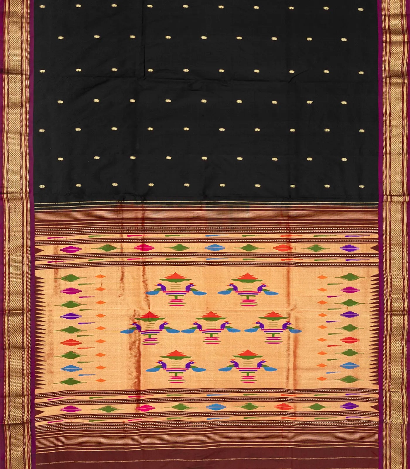 Black Handloom Paithani Silk Saree With Mango Buttas-Black