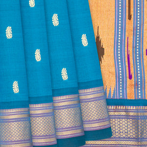 Light Blue Handloom Paithani Silk Saree With Peacock Buttas-Light Blue