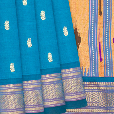 Light Blue Handloom Paithani Silk Saree With Peacock Buttas-Light Blue