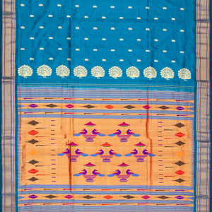 Light Blue Handloom Paithani Silk Saree With Peacock Buttas-Light Blue