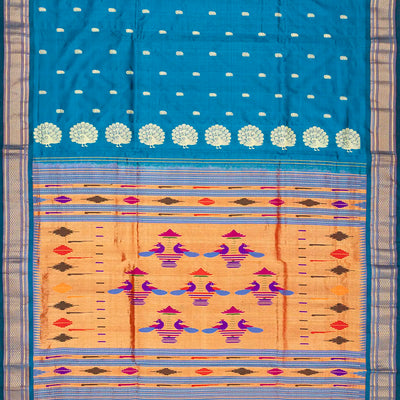 Light Blue Handloom Paithani Silk Saree With Peacock Buttas-Light Blue