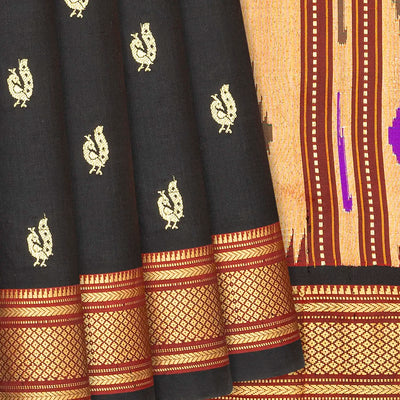 Black Handloom Paithani Silk Saree With Peacock Buttas-Black