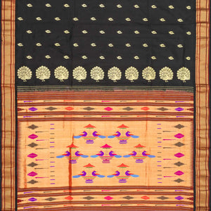 Black Handloom Paithani Silk Saree With Peacock Buttas-Black