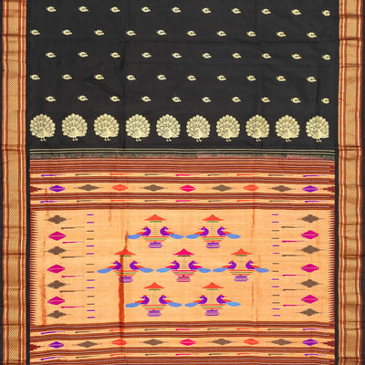 Black Handloom Paithani Silk Saree With Peacock Buttas-Black