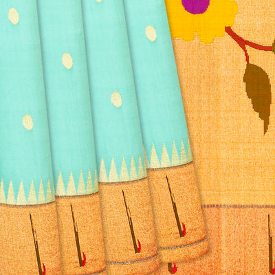Turquoise Handloom Paithani Silk Saree With Coin Buttas & Temple Border-Turquoise
