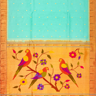 Turquoise Handloom Paithani Silk Saree With Coin Buttas & Temple Border-Turquoise