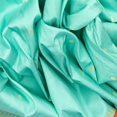 Turquoise Handloom Paithani Silk Saree With Coin Buttas & Temple Border-Turquoise