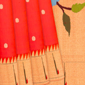 Red Handloom Paithani Silk Saree With Coin Buttas & Temple Border-Red