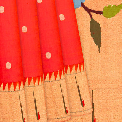 Red Handloom Paithani Silk Saree With Coin Buttas & Temple Border-Red