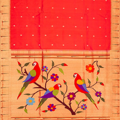 Red Handloom Paithani Silk Saree With Coin Buttas & Temple Border-Red