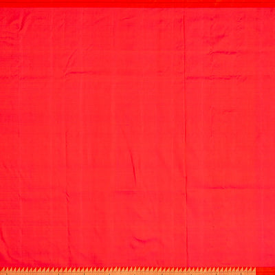 Red Handloom Paithani Silk Saree With Coin Buttas & Temple Border-Red