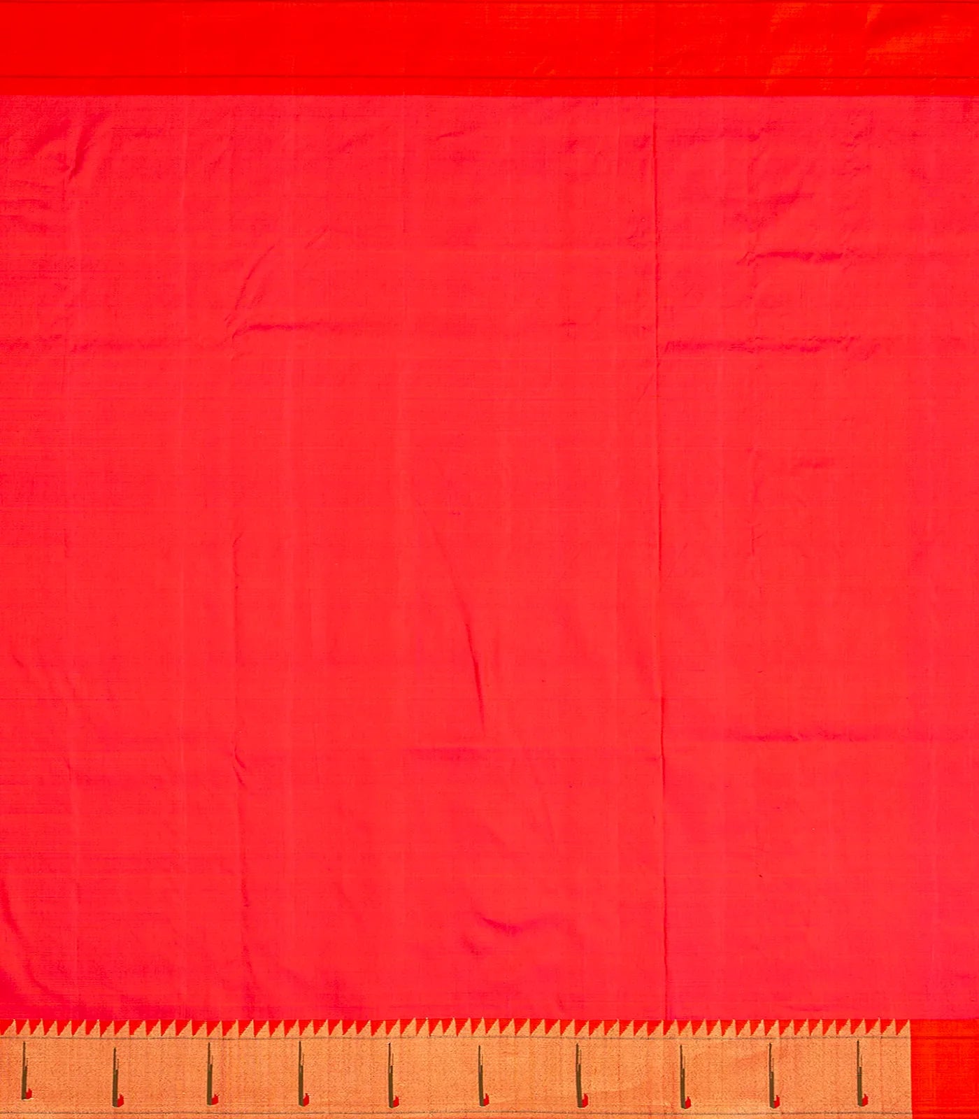 Red Handloom Paithani Silk Saree With Coin Buttas & Temple Border-Red