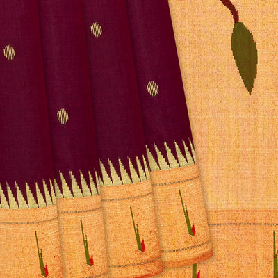 Maroon Handloom Paithani Silk Saree With Coin Buttas & Temple Border-Maroon
