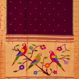 Maroon Handloom Paithani Silk Saree With Coin Buttas & Temple Border-Maroon