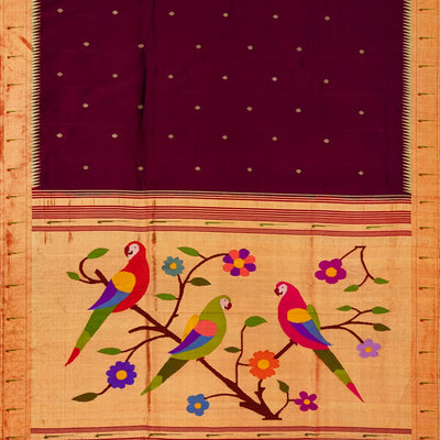 Maroon Handloom Paithani Silk Saree With Coin Buttas & Temple Border-Maroon