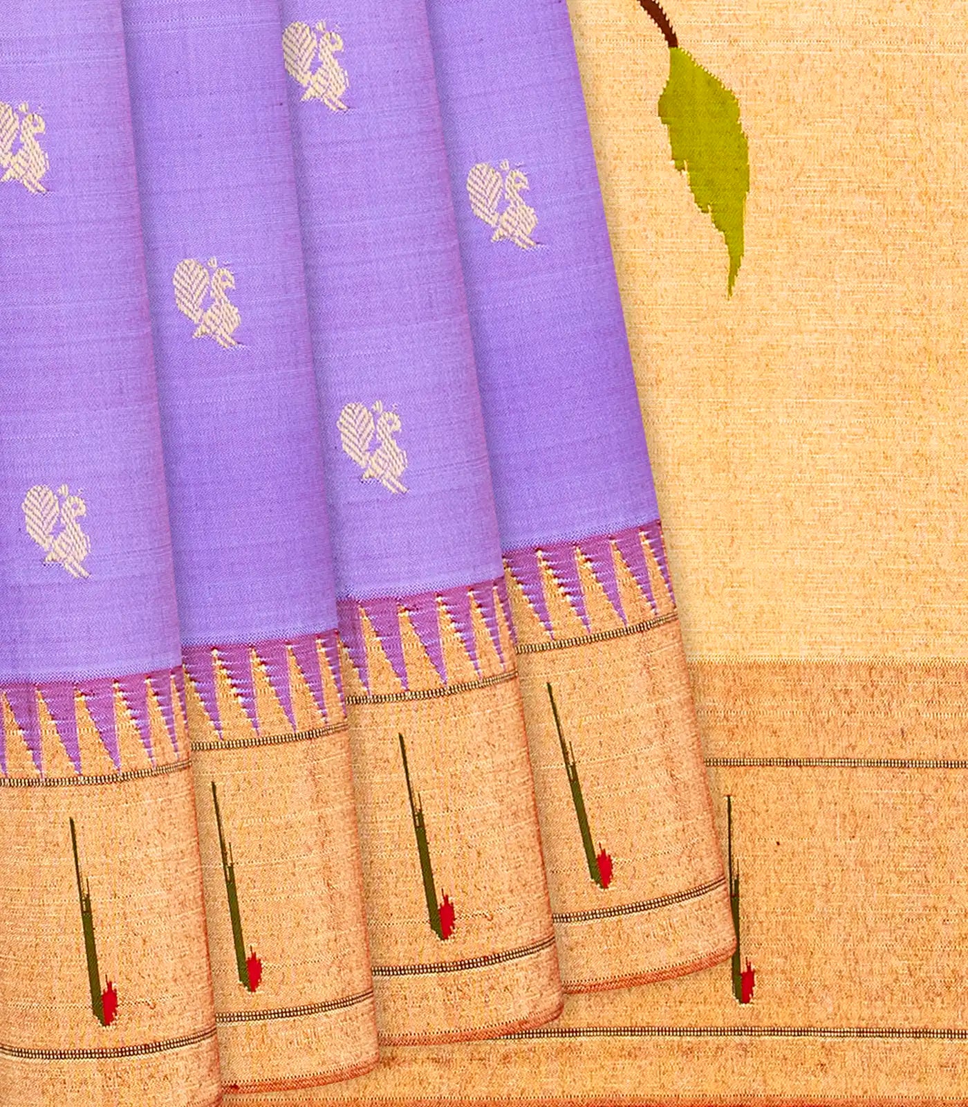 Lavender Handloom Paithani Silk Saree With Annam Buttas & Temple Border-Lavander