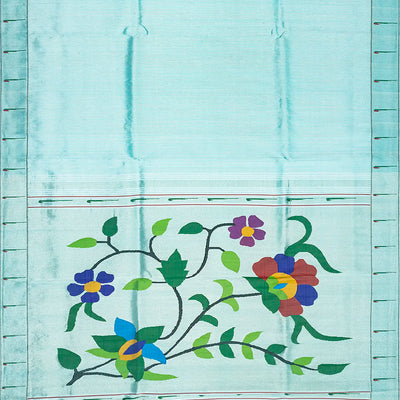 Turquoise Handloom Paithani Silk Saree With Stripes-Turquoise