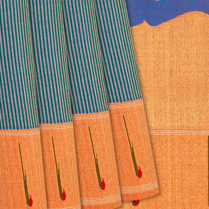 Blue Handloom Paithani Silk Saree With Stripes-Blue