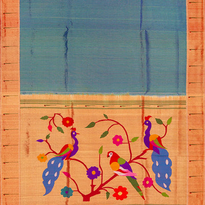 Blue Handloom Paithani Silk Saree With Stripes-Blue