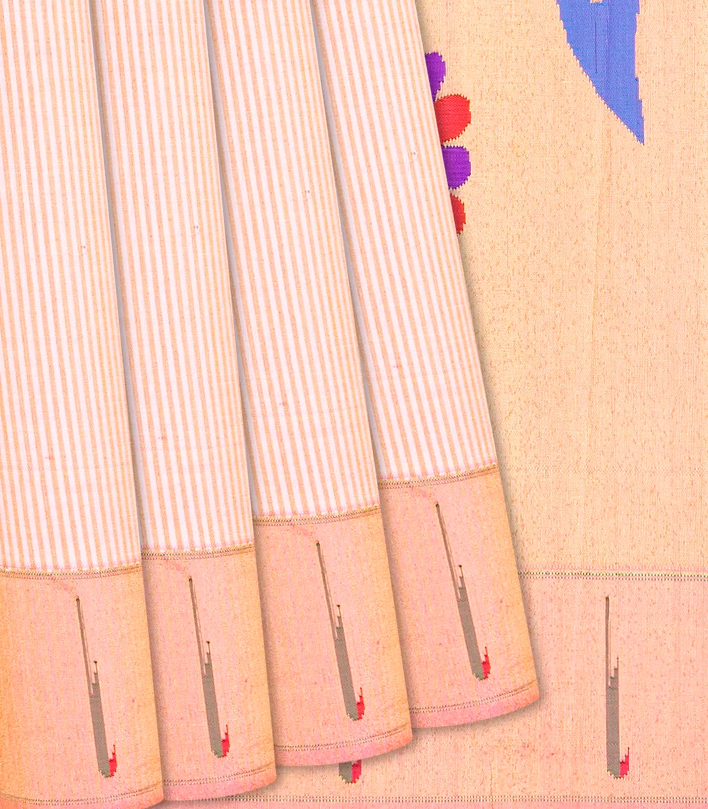 Baby Pink Handloom Paithani Silk Saree With Stripes-Baby Pink