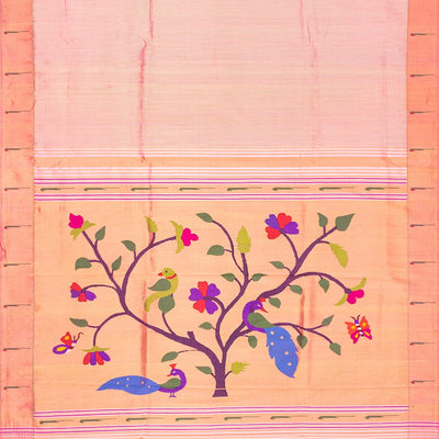 Baby Pink Handloom Paithani Silk Saree With Stripes-Baby Pink