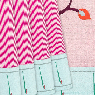 Pink Handloom Paithani Silk Saree With Stripes-Pink