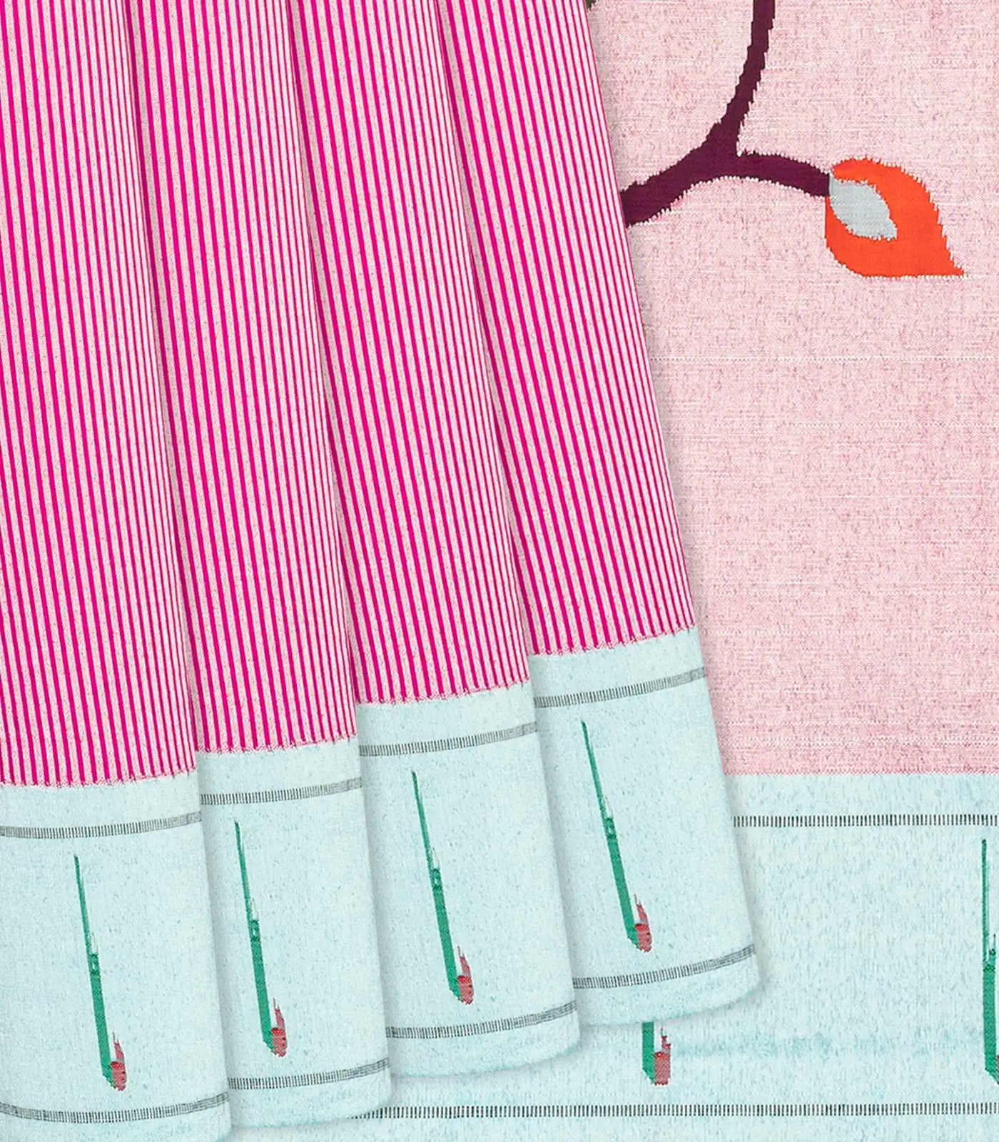 Pink Handloom Paithani Silk Saree With Stripes-Pink