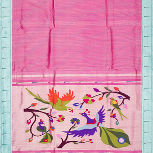 Pink Handloom Paithani Silk Saree With Stripes-Pink