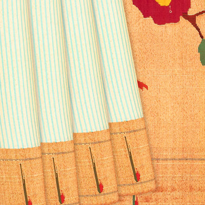Light Green Handloom Paithani Silk Saree With Stripes-Light Green