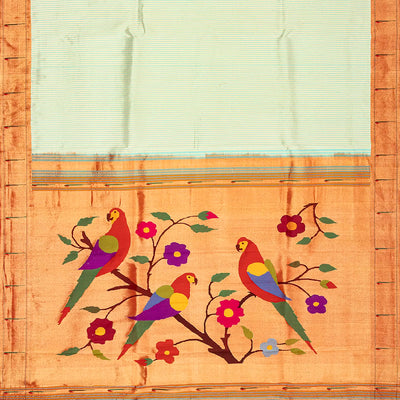 Light Green Handloom Paithani Silk Saree With Stripes-Light Green